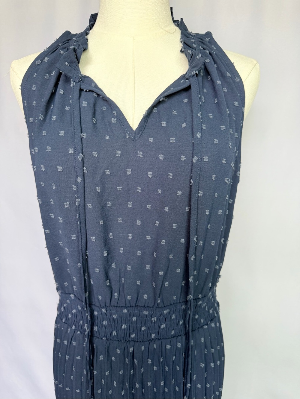 NWT Sleeveless Navy Maxi Dress with Smocked Waist and Tie Neck, Large - Picture 3 of 13